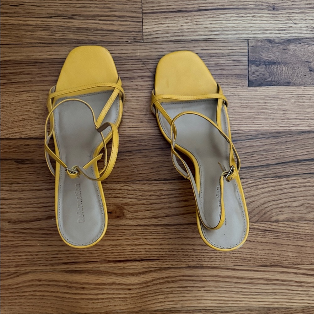 Reformation Yellow Strappy Square-Toe Sandals